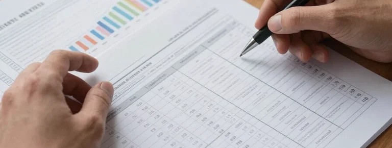 Close overhead shot of hands spreading market research documents and printed data tables across a wide wooden desk under warm window light, a pen resting on an open page, coffee cup at the corner