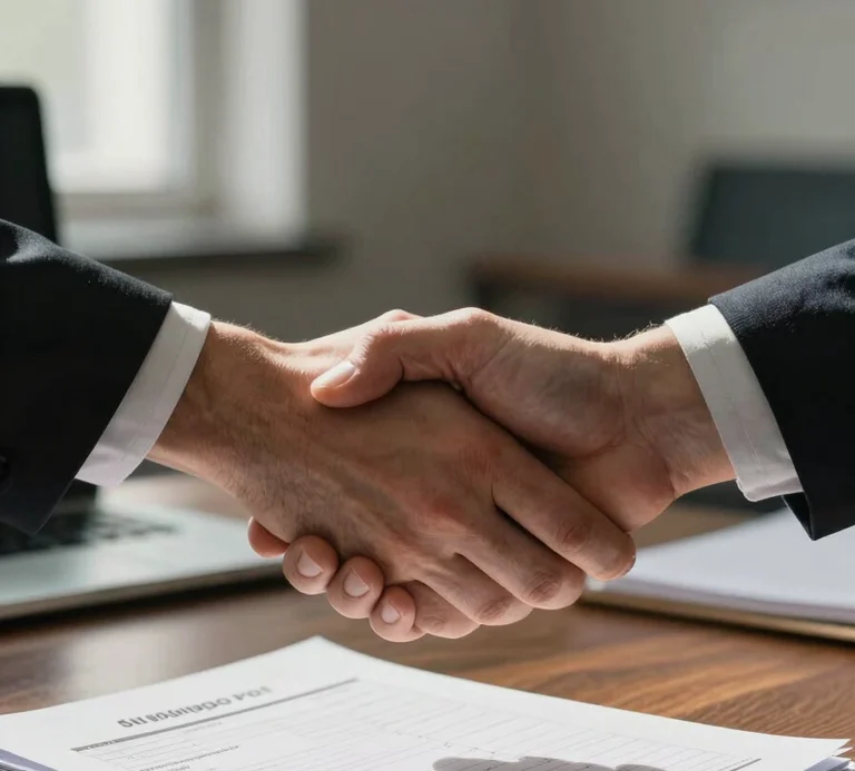Close-up of two hands shaking across a boardroom table, shipping manifest papers and a pen visible in the foreground, natural window light from the left casting a soft shadow, muted office environment out of focus behind