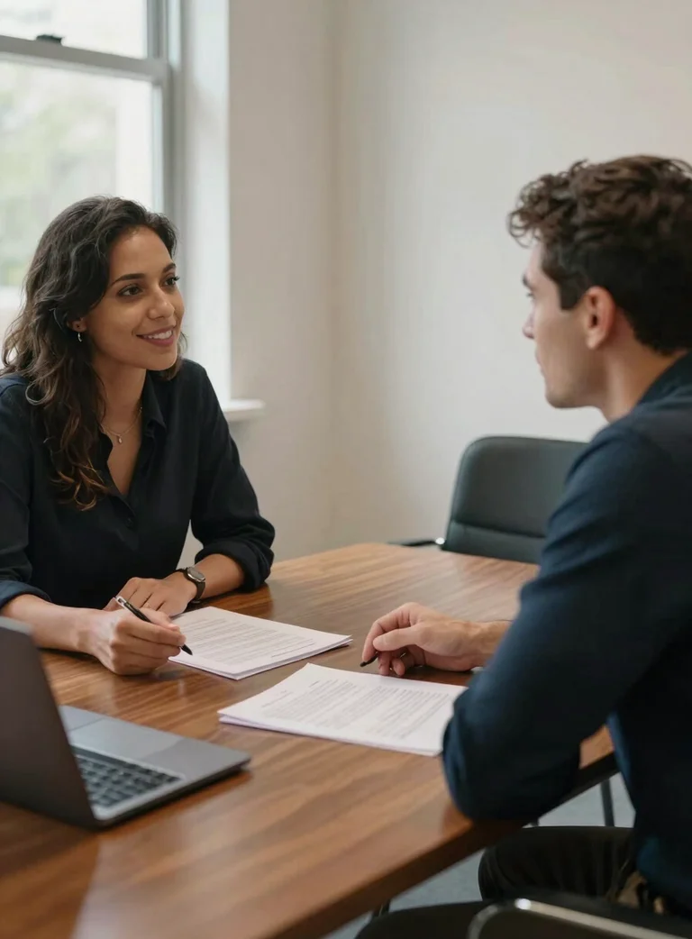 Two people from different cultural backgrounds seated across a boardroom table, natural window light from the left, hands visible on the table surface, documents between them, mid-conversation, no smiling posed expressions